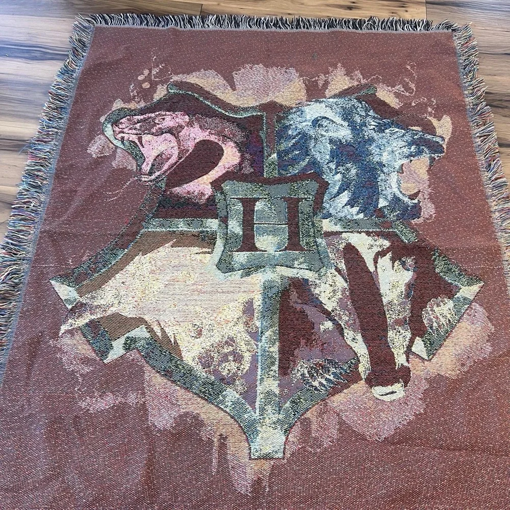Hogwarts Woven Tapestry Throw Blanket Harry Potter Lion Snake Eagle Fringe